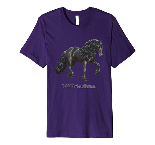 Cool Black Trotting Horse I Love Friesians  T-Shirt Purple