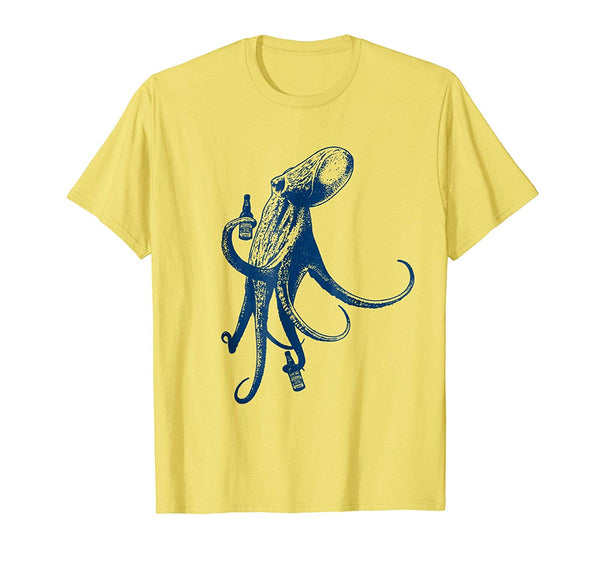 Cool The Original Beer Drinking Octopus Beach Vacation  T-Shirt Lemon