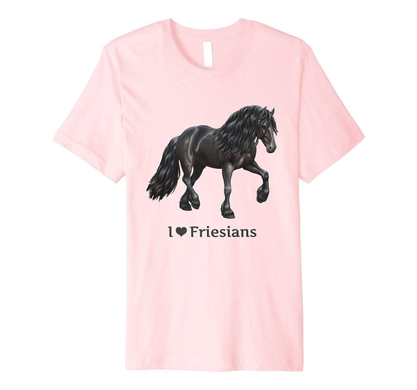 Cool Black Trotting Horse I Love Friesians  T-Shirt Pink