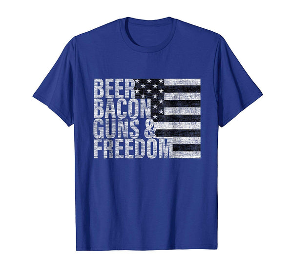 Funny Beer Bacon Guns &amp; Freedom Flag Tee  T-Shirt Royal Blue