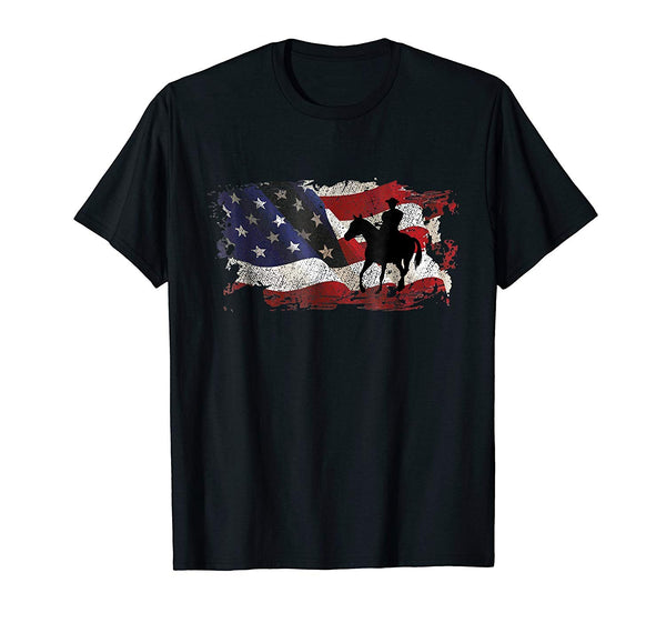 Cool Horse Rider Cowboy Usa Flag  T-Shirt Black