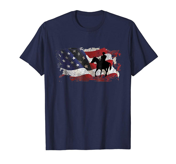 Cool Horse Rider Cowboy Usa Flag  T-Shirt Navy