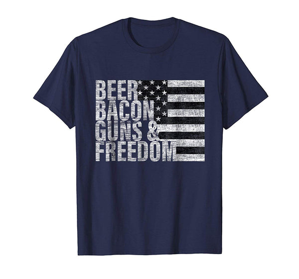 Funny Beer Bacon Guns &amp; Freedom Flag Tee  T-Shirt Navy