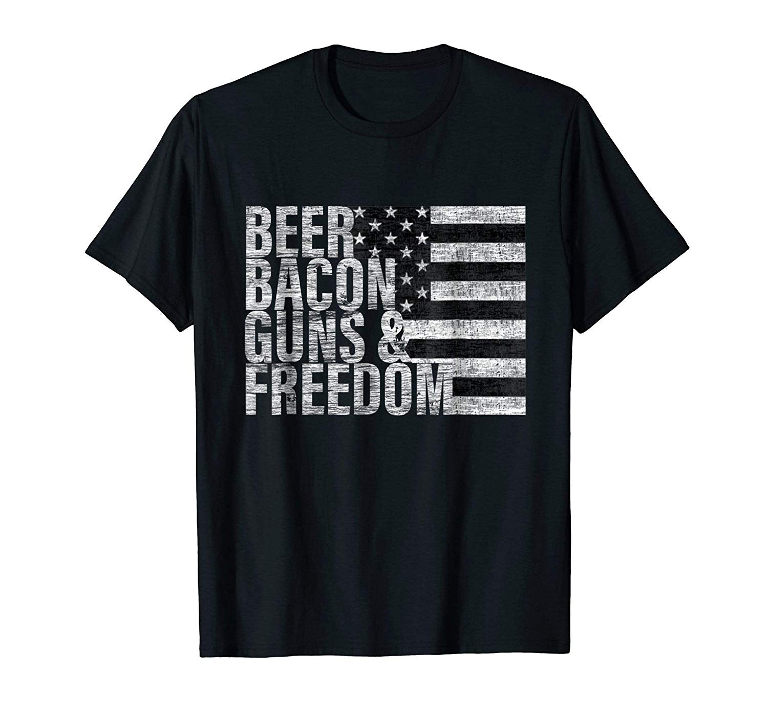 Funny Beer Bacon Guns &amp; Freedom Flag Tee  T-Shirt Black