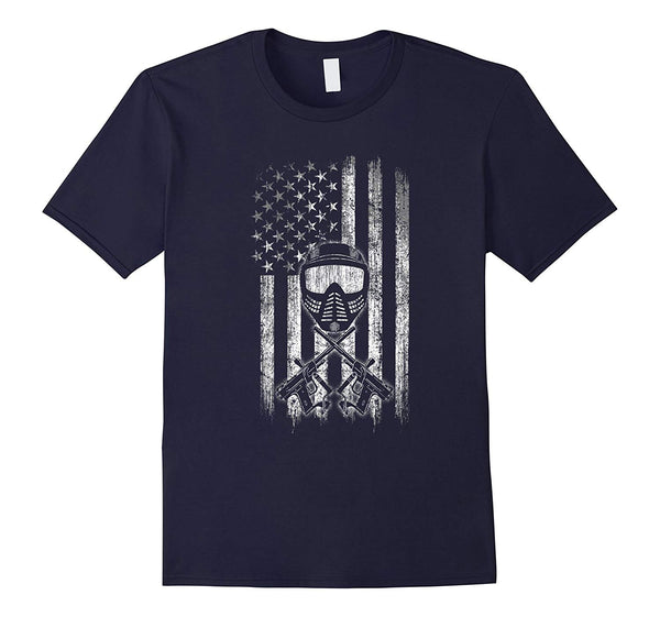 Wonderful Paintball American Flag Mask And Crossed Guns  T-Shirt Navy