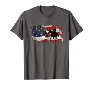 Cool Horse Rider Cowboy Usa Flag  T-Shirt Asphalt