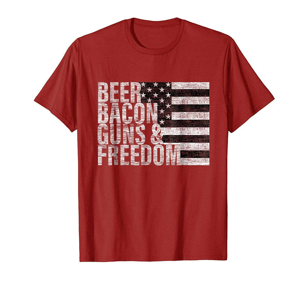 Funny Beer Bacon Guns &amp; Freedom Flag Tee  T-Shirt Cranberry