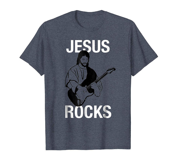 Hotest Jesus Rocks Savior Electric Guitar Christian Music  T-Shirt Heather Blue