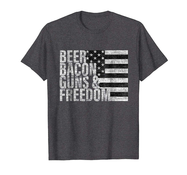 Funny Beer Bacon Guns &amp; Freedom Flag Tee  T-Shirt Dark Heather