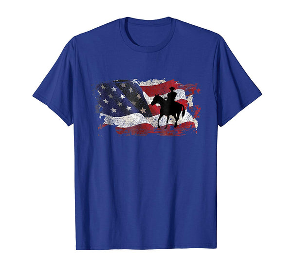 Cool Horse Rider Cowboy Usa Flag  T-Shirt Royal Blue