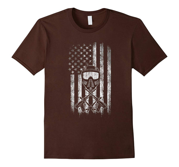 Wonderful Paintball American Flag Mask And Crossed Guns  T-Shirt Brown