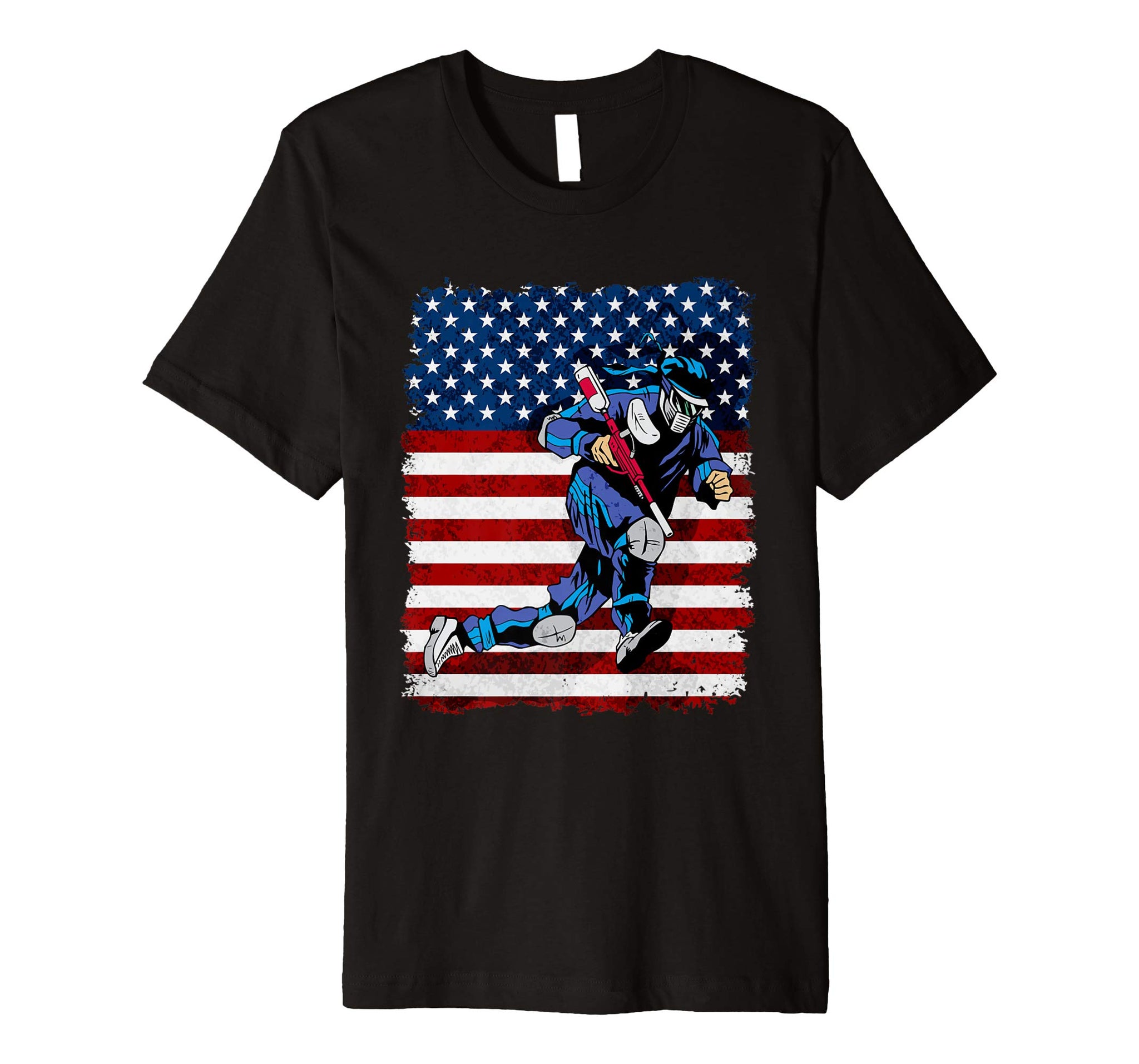 Cool Paintball Player On American Flag  T-Shirt Black