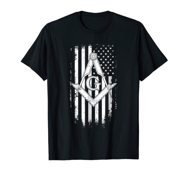 Adorable Masonic American Flag Square And Compass Freemason  T-Shirt Black