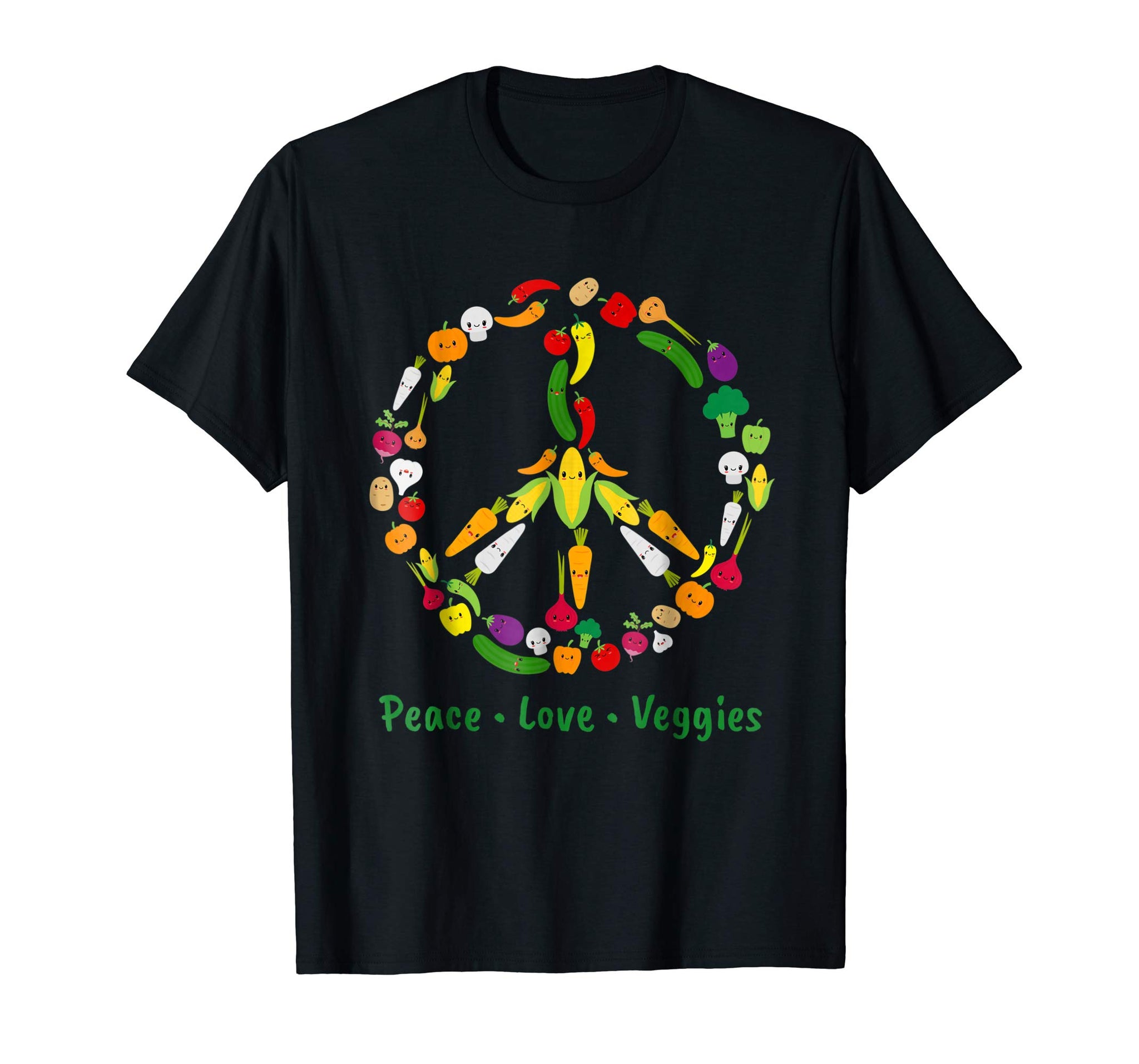 Cute Cute Kawaii Vegetable Veggie Peace Sign Vegan  T-Shirt Black