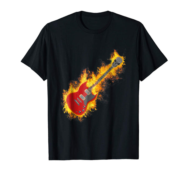 Hot Electric Rock Guitar On Fire With Skull Headstock  T-Shirt Black