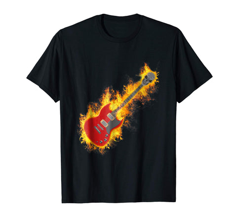 Hot Electric Rock Guitar On Fire With Skull Headstock  T-Shirt Black