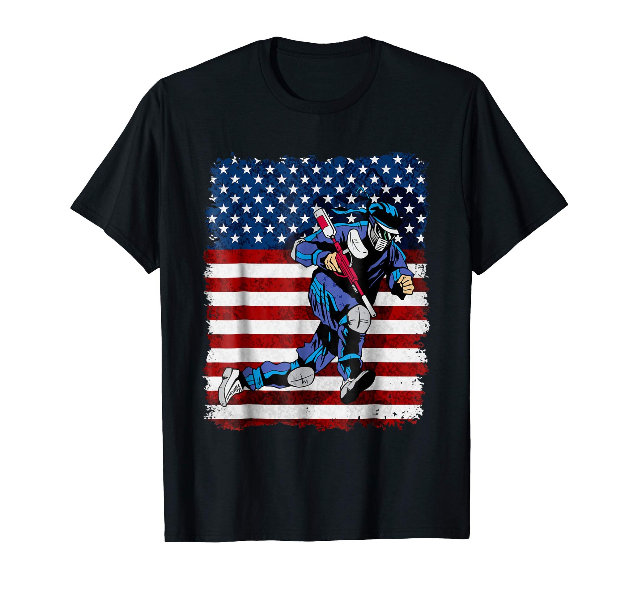 Beautiful Paintball Player On American Flag  T-Shirt Black