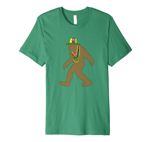 Cutest Funny Bigfoot Sasquatch Mardi Gras Costume Beads  T-Shirt Kelly Green