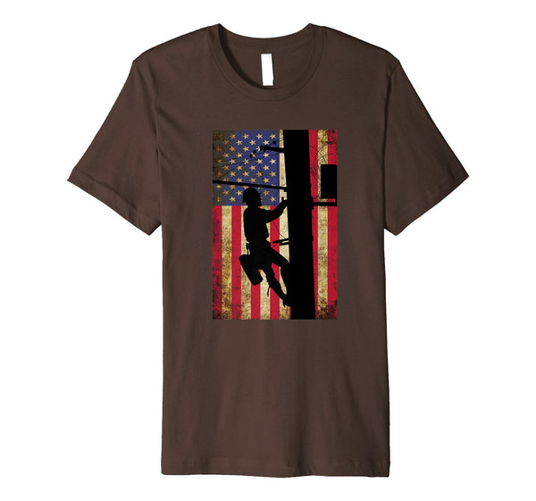 Beautiful Lineman American Flag Electric Cable Lineman Gift  T-Shirt Brown