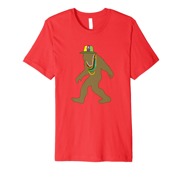 Cutest Funny Bigfoot Sasquatch Mardi Gras Costume Beads  T-Shirt Red