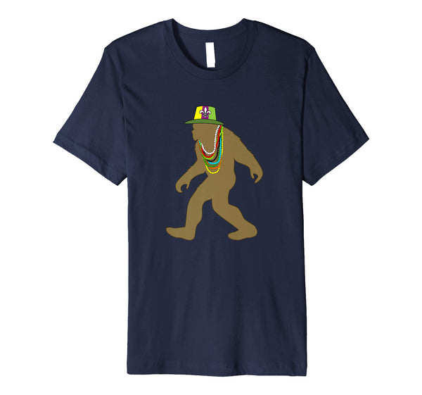 Cutest Funny Bigfoot Sasquatch Mardi Gras Costume Beads  T-Shirt Navy