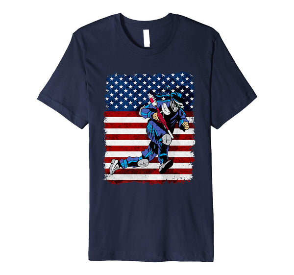 Cool Paintball Player On American Flag  T-Shirt Navy