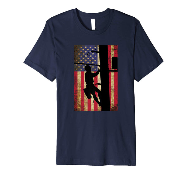 Beautiful Lineman American Flag Electric Cable Lineman Gift  T-Shirt Navy