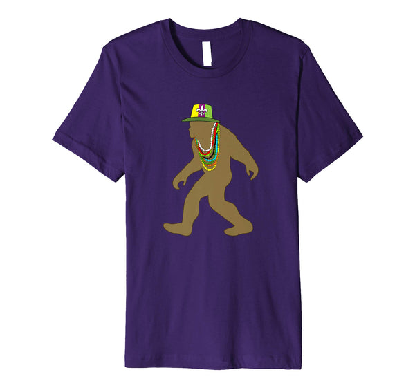 Cutest Funny Bigfoot Sasquatch Mardi Gras Costume Beads  T-Shirt Purple