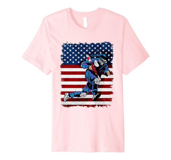Cool Paintball Player On American Flag  T-Shirt Pink