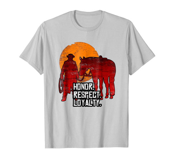 Great Red Horse Sunset Honor Respect Loyalty Cowboy  T-Shirt Silver