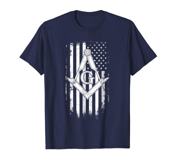 Adorable Masonic American Flag Square And Compass Freemason  T-Shirt Navy