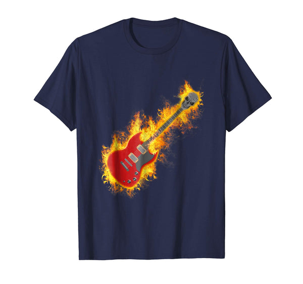 Hot Electric Rock Guitar On Fire With Skull Headstock  T-Shirt Navy