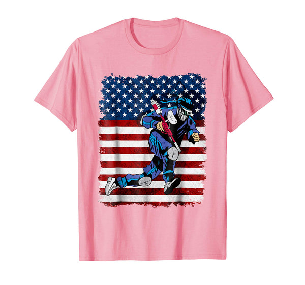 Beautiful Paintball Player On American Flag  T-Shirt Pink