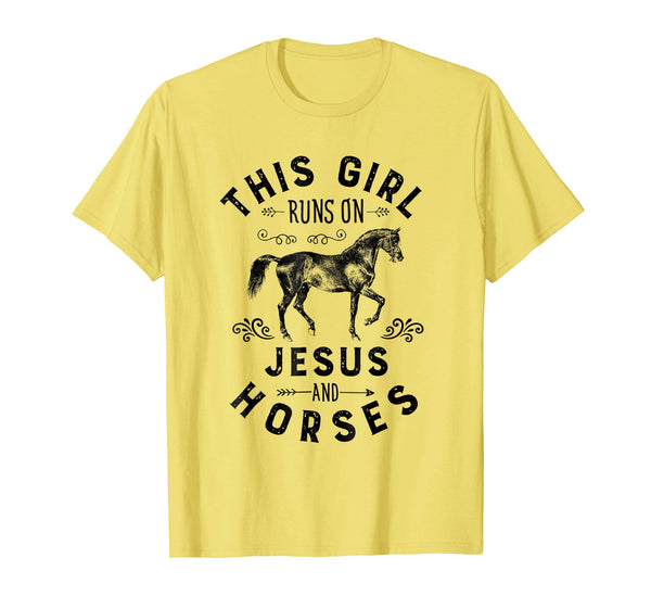 Great This Girl Runs On Jesus And Horses Horse Riding Gift  T-Shirt Lemon