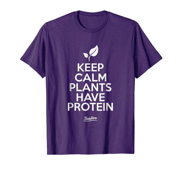 Adorable Keep Calm Plants Have Protein Plant Based Funny Vegan  T-Shirt Purple