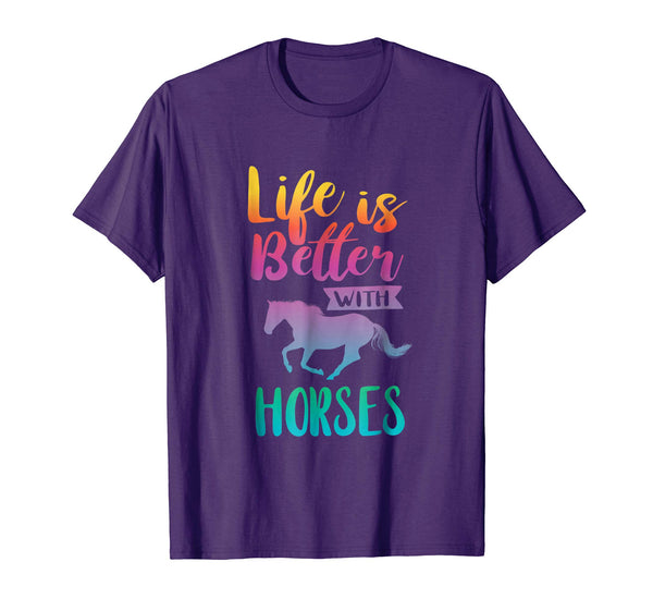Funny Cute Life Is Better With Horses Horseback Riding  T-Shirt Purple