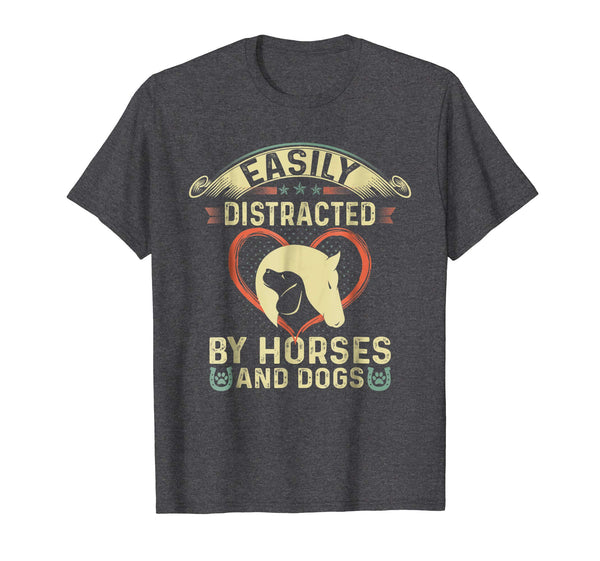 Cute Easily Distracted By Horses And Dogs  T-Shirt Dark Heather