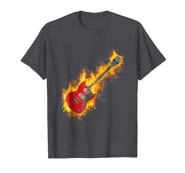 Hot Electric Rock Guitar On Fire With Skull Headstock  T-Shirt Dark Heather