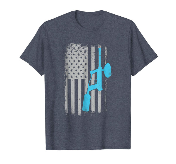 Hot Paintballer Vintage American Flag Paintball Player  T-Shirt Heather Blue