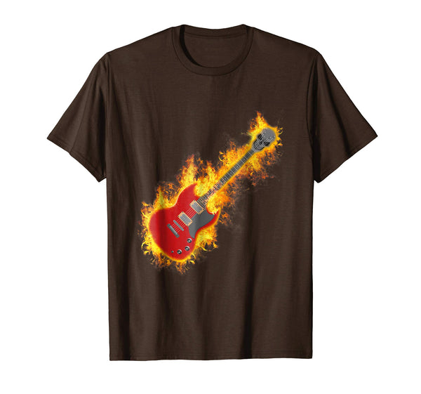 Hot Electric Rock Guitar On Fire With Skull Headstock  T-Shirt Brown