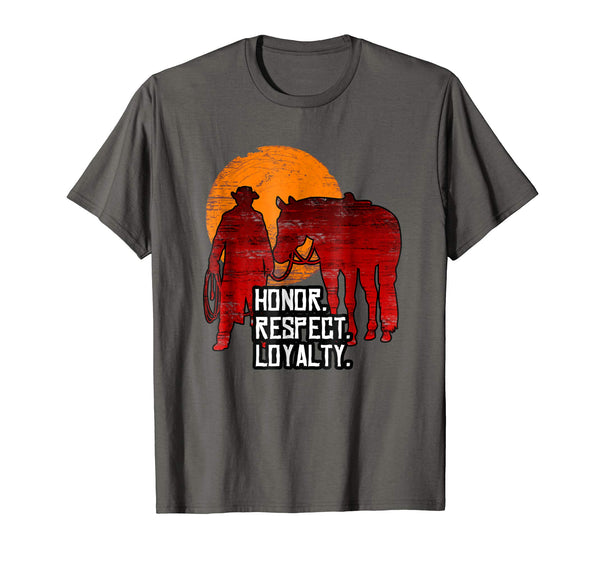 Great Red Horse Sunset Honor Respect Loyalty Cowboy  T-Shirt Asphalt