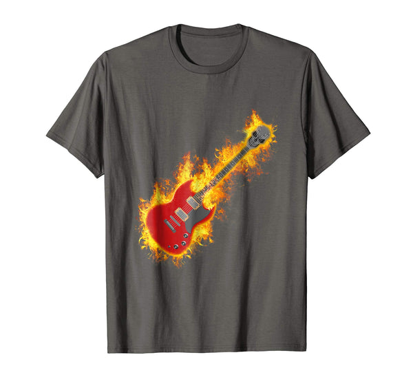 Hot Electric Rock Guitar On Fire With Skull Headstock  T-Shirt Asphalt