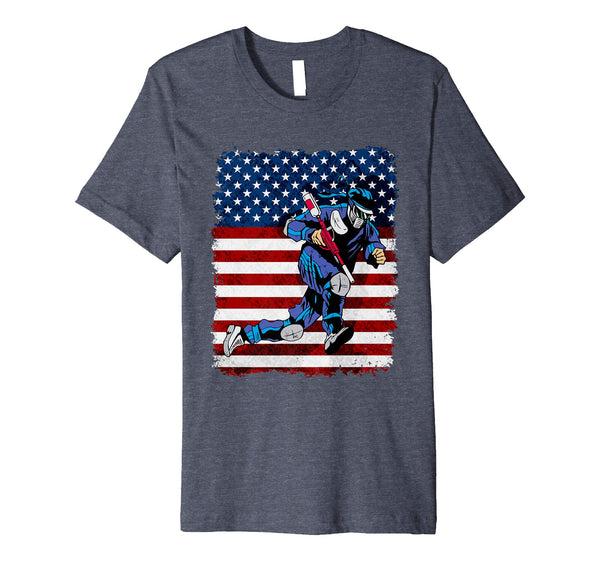 Cool Paintball Player On American Flag  T-Shirt Heather Blue