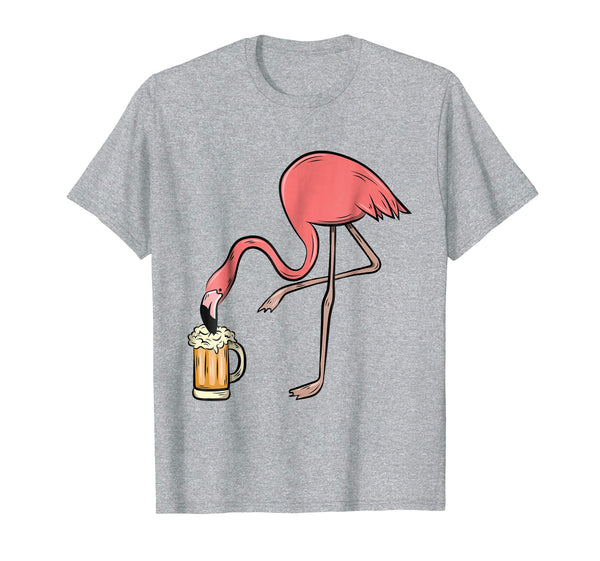 Cute Flamingo Drinking Beer Funny Pink Flamingo  T-Shirt Heather Grey